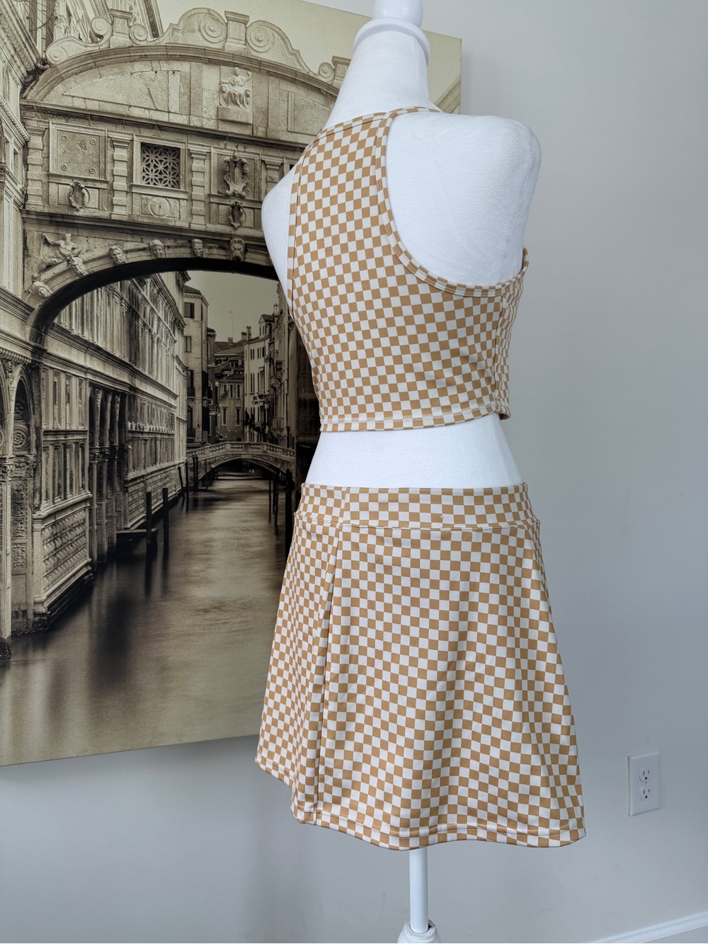 Like New Checkerboard Halter Crop Top & Skirt Set - Beige - Picture 10 of 16